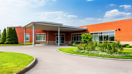 Senior care facility exterior with well-maintained garden and welcoming entrance. Emphasizing comfort and dignity in elderly living environments.