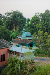 A serene mosque with a turquoise dome nestled amidst lush greenery and surrounded by residential buildings.