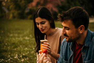 Two people bonding over snacks and beverages on a cozy picnic blanket in the park