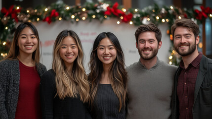 Fototapeta premium A team photo session in front of a garland-decorated whiteboard.