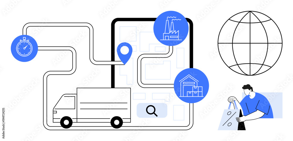 Poster delivery truck follows a route with location points on a map. stopwatch, factory, warehouse icons an