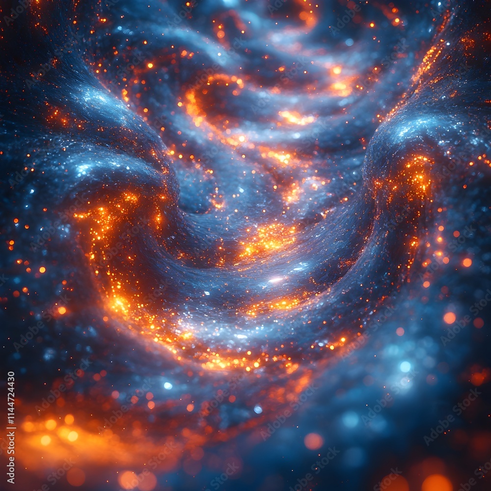 Poster luminous digital dreamscape with swirling particles and holographic elements creating a sense of bou