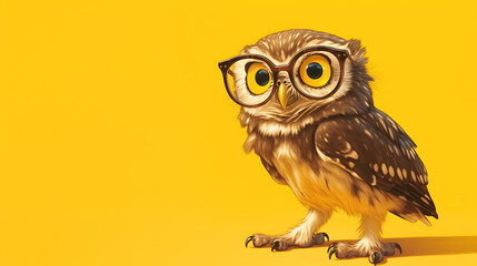 Fototapeta premium A cartoon owl wearing glasses stands against a bright yellow background.