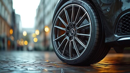 Close-up of a dark gray alloy wheel on a luxury car parked on a cobblestone street at dusk.