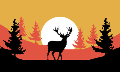 Nature landscape at night, Mountains, Trees and Wild deer