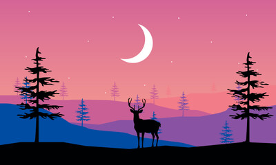 Nature landscape at night, Mountains, Trees and Wild deer