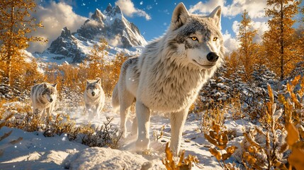 Obraz premium Wolves walk snowy autumn woods by mountains.