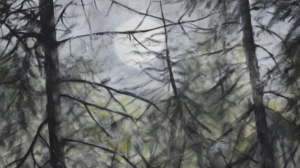 Branches silhouetted against a moonlit sky, with soft silver beams filtering through muted green foliage and pale mist, creating a tranquil and mysterious forest atmosphere.