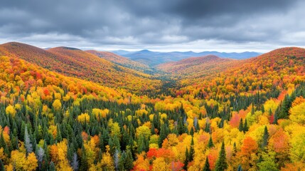 Vibrant autumn foliage blankets a scenic valley with rolling hills under a dramatic cloudy sky, AI