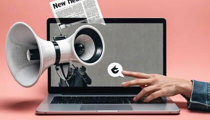 Futuristic illustration about computer technology with a laptop in neon colors. For cover backgrounds, wallpapers and other modern projects. Generated with AI