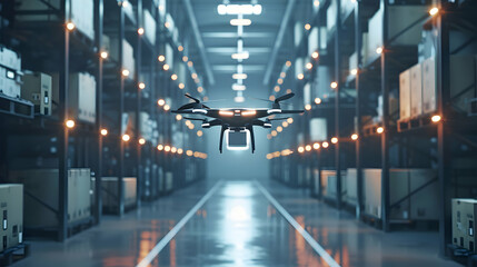 Drone Floating in Modern Warehouse Surrounded by Cardboard Boxes