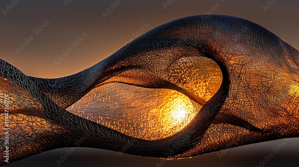 Poster abstract 3d render of a dark, organic, flowing, mesh structure illuminated from within by a warm, go