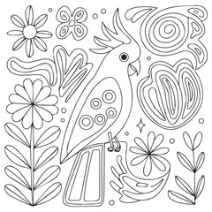 Cockatoo and cute flowers hand drawn for adult coloring book