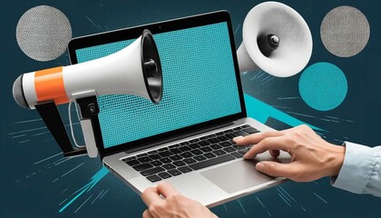Futuristic illustration about computer technology with a laptop in neon colors. For cover backgrounds, wallpapers and other modern projects. Generated with AI