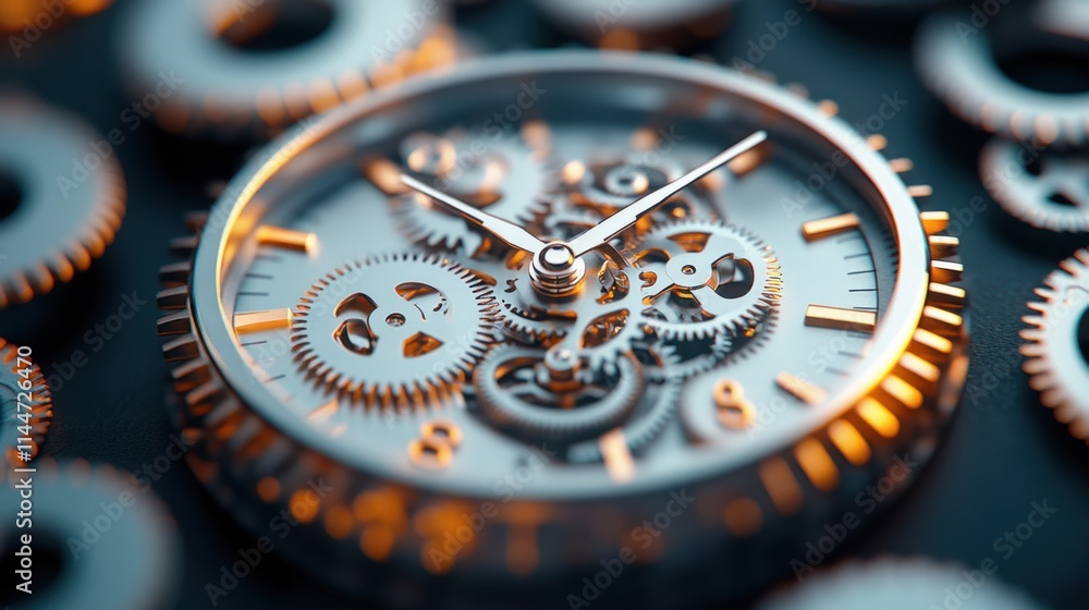 Poster close-up of a mechanical watch with visible gears and clock hands.