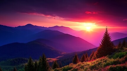 Obraz premium 20241219215116list 45 Majestic alpine mountains under a clear sky, with the sun just dipping behind the highest peak, creating a vibrant display of red, purple, and amber in the sky. The surrounding 