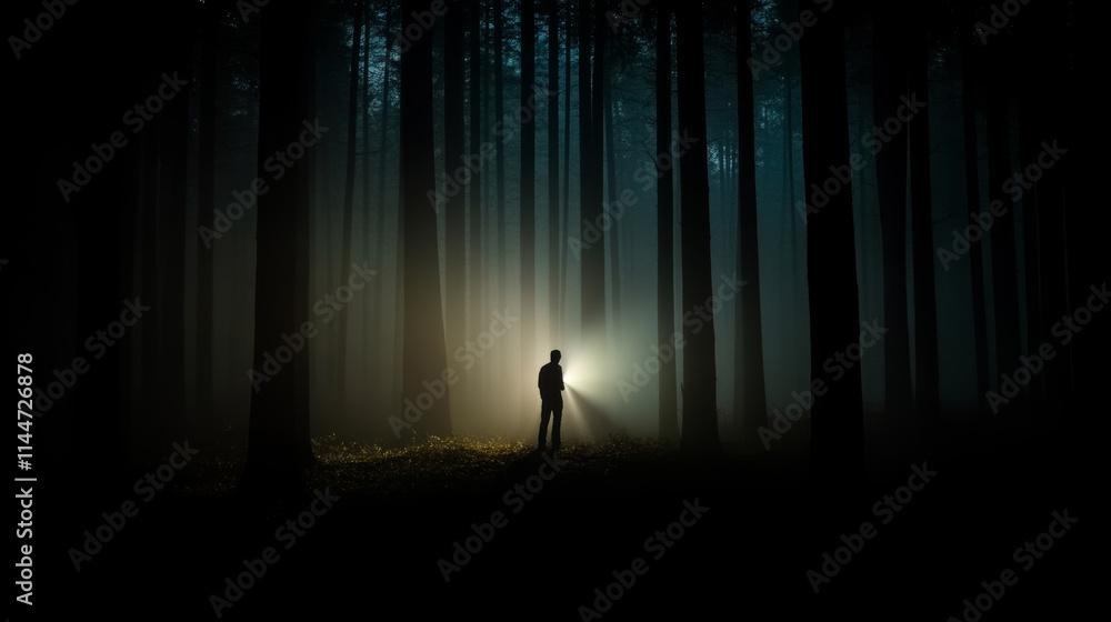 Poster mysterious figure exploring a dark forest with a flashlight during twilight hours
