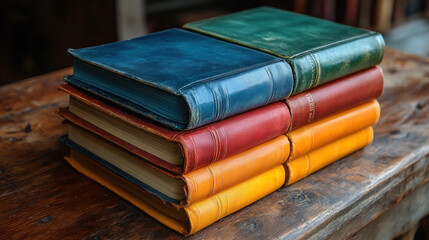 A colorful stack of bookmarks and journals arranged neatly on a wooden desk