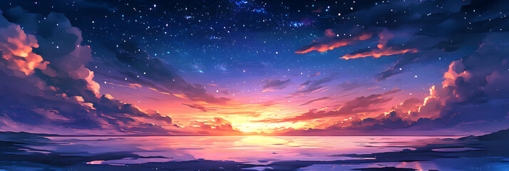 Naklejka premium Celestial Sunset over Tranquil Waters