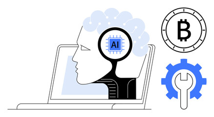 Human head silhouette with AI chip inside, emerging from open laptop screen. Surrounding icons include Bitcoin symbol and mechanical gear with wrench. Ideal for technology, AI, blockchain, fintech