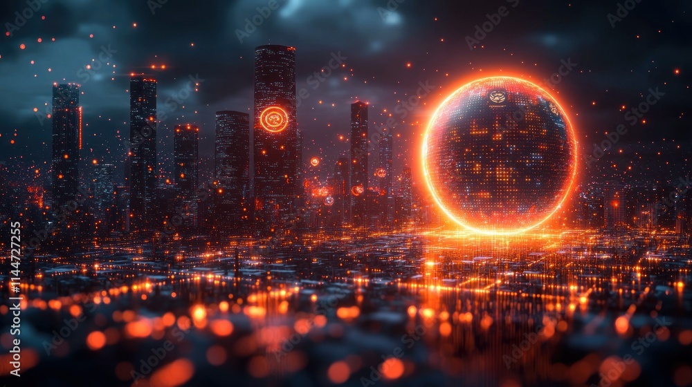 Poster futuristic cityscape with glowing elements and structures.
