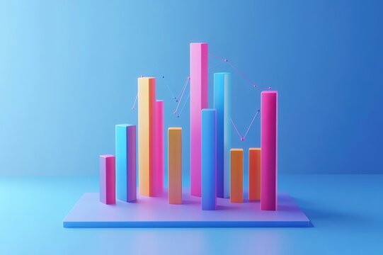 Colorful 3D bar chart and line graph illustrating data growth and decline. - Powered by Adobe