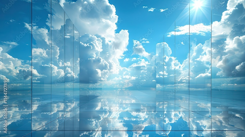 Poster a serene reflection of clouds and sky in a mirrored space, evoking tranquility and openness.