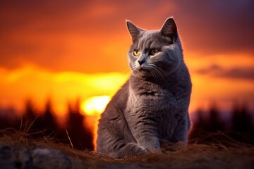 Portrait of a funny chartreux cat in vibrant sunset horizon
