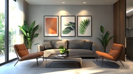 Fototapeta premium Modern living room with tropical decor and vibrant greenery during daytime
