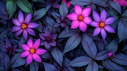 Vibrant Purple Flowers Against Lush Green Leaves in Nature