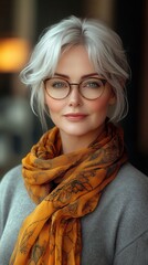 Fototapeta premium Elegant older woman with stylish glasses and scarf, capturing a moment of serenity in a warm, cozy environment with soft lighting