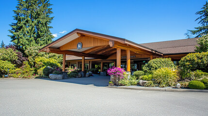 Senior care facility exterior with well-maintained garden and welcoming entrance. Emphasizing comfort and dignity in elderly living environments.
