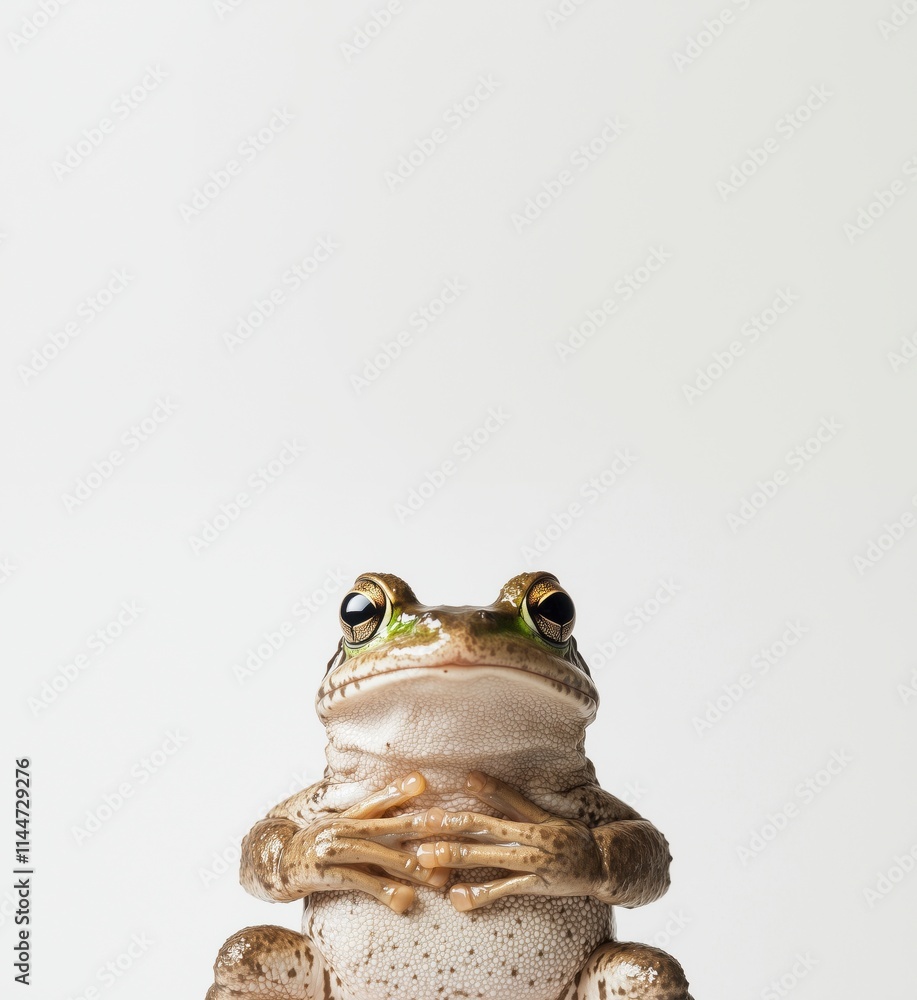Poster frog posing with hands clasped, showcasing unique features and textures, against a minimalistic whit