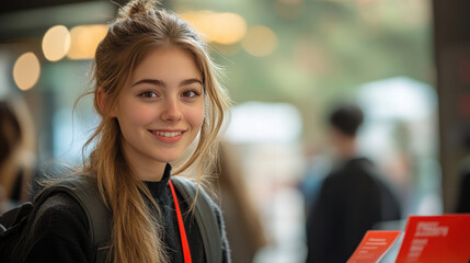 College students attending a career fair, engaging with recruiters and collecting brochures