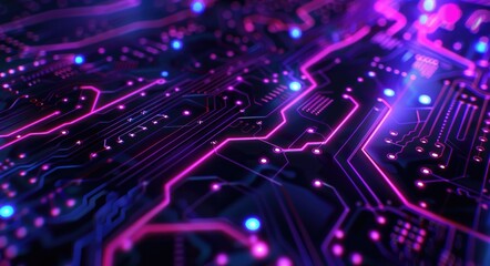Fototapeta premium Integrated Circuit Background. Futuristic Technology with Digital Abstract Blue Neon