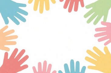 Obraz premium the background is white with a frame of multicolored watercolor hand prints, a place for text