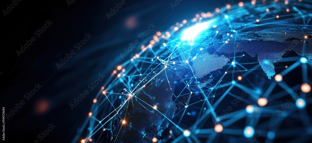 Poster global network connectivity visualization with digital earth representation and data points, copy sp