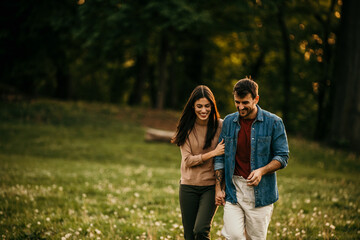 A couple walking side by side under the soft glow of a spring sunset