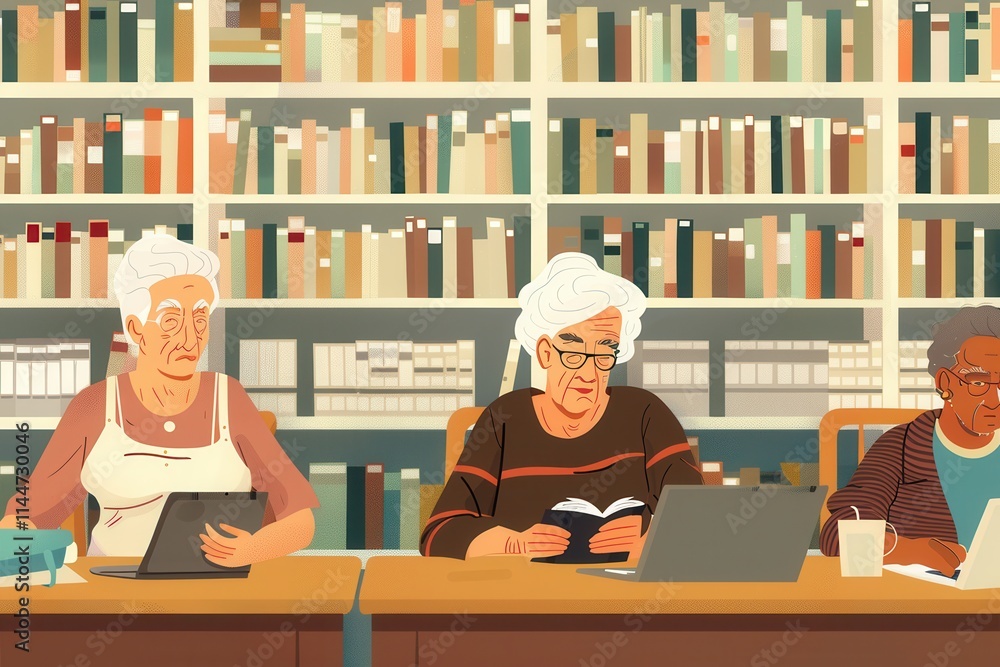 Aufkleber elderly individuals engaged in online courses with laptops and tablets in a cozy library setting. ge