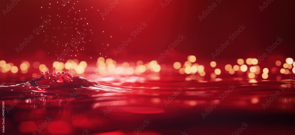 Poster red water splash with sparkling droplets and blurred bokeh lights in background, creating a vibrant 