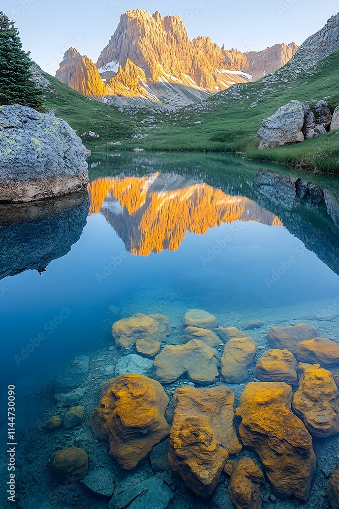 Poster a tranquil mountain lake reflecting the golden hues of the surrounding cliffs the surface shimmering
