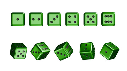 Set of casino premium green dice with all numbers and angles, online casino gambling, Luxury dice for games, falling dices, realistic dice Royal blue theme, 3d rendered.
