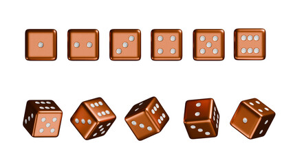 Set of casino premium orange dice with all numbers and angles, online casino gambling, Luxury dice for games, falling dices, realistic dice Royal blue theme, 3d rendered.
