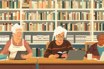 Elderly individuals engaged in online courses with laptops and tablets in a cozy library setting. Generative AI