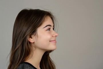 Naklejka premium Attractive girl with copy space in profile portrait.