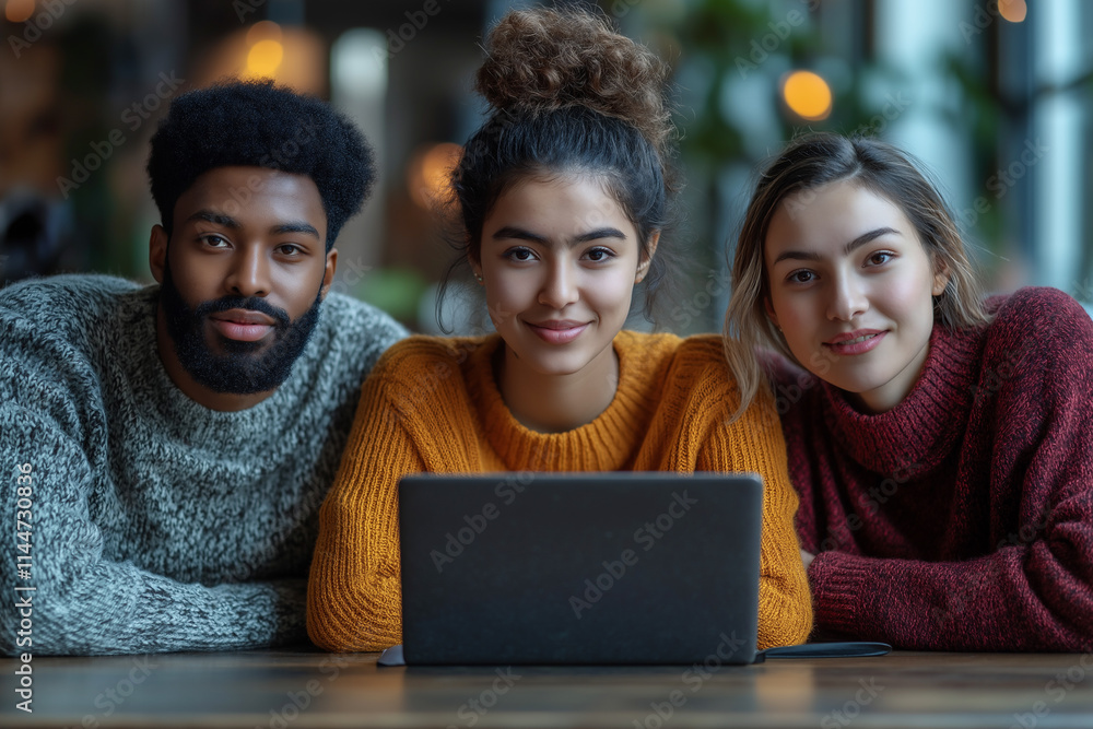 Poster multi-ethnic co-workers collaborating in a cozy workspace with technology. generative ai