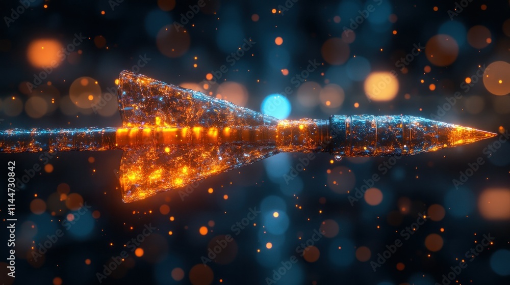 Poster futuristic rocket design with glowing particles.