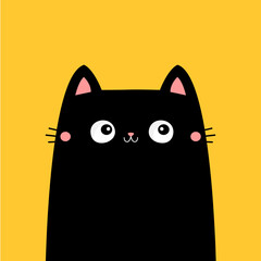 Black cat silhouette icon. Cute kitten. Smiling face. Funny kawaii animal. Cute cartoon pet baby character. Greeting card. Sticker print. Childish style Flat design. Yellow background. Vector