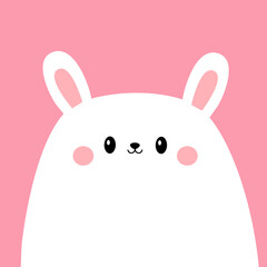 Kawaii white bunny rabbit silhouette. Cute cartoon baby character. Funny face head. Pink cheeks. Happy Easter. Valentines Day. Love Greeting card. Pink background. Flat design. Vector illustration