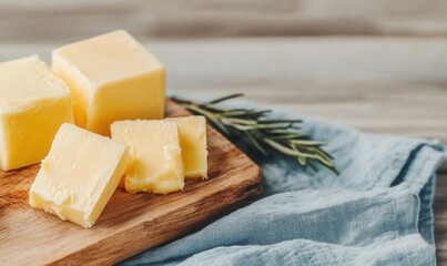 Freshly cut butter placed on a wooden board with sprigs of rosemary, showcasing culinary delights in a rustic kitchen setting